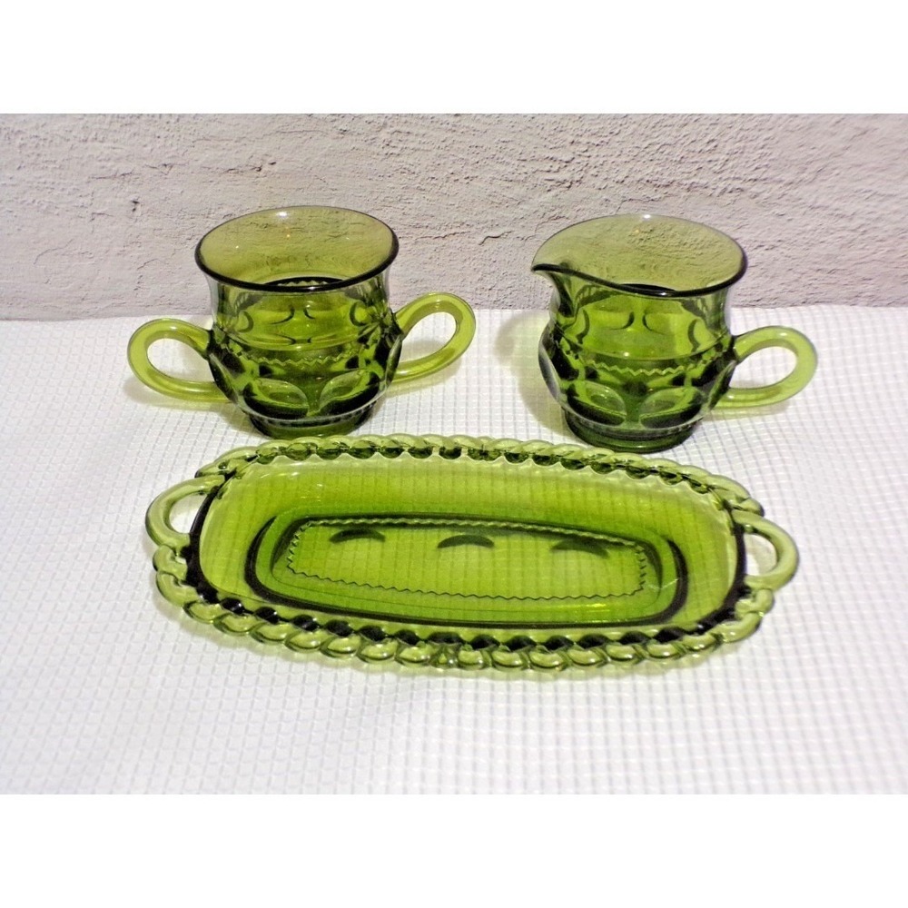 Vintage King's Crown Avocado Green Dimple Creamer, Sugar and Butter Dish